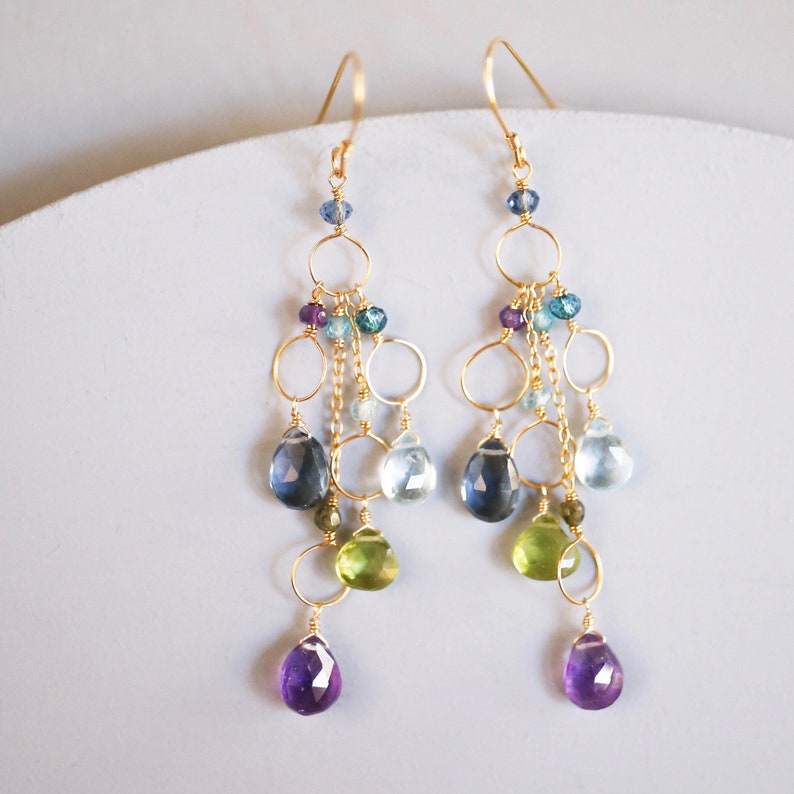 Boucles d'oreilles Rainbow Gemstone pour femmes, boucles d'oreilles colorées, boucles d'oreilles or, améthyste, iolite, péridot et aigue-marine, cadeau pour elle image 3