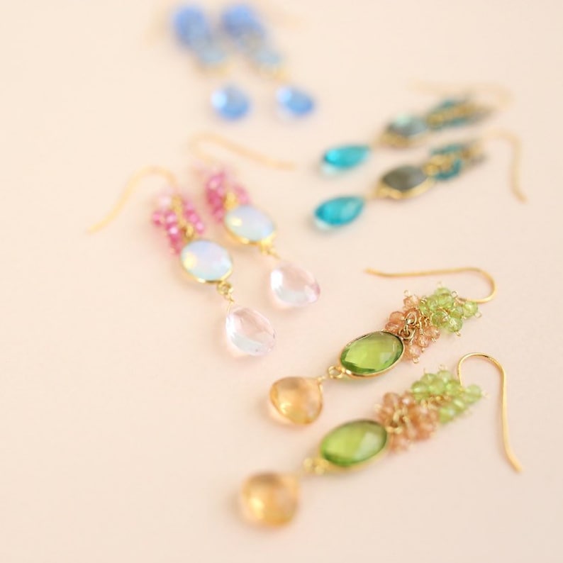 Long Gemstone Earrings Gold Dangle Earrings Neon Blue Etsy