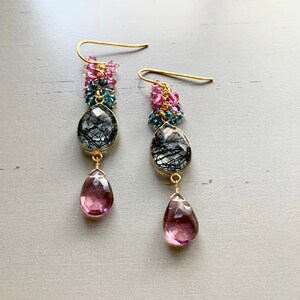 Pink Rhodolite Garent Statement Earrings With Black Rutilated Quartz ...
