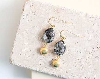 Black Rutilated Quartz Dangle Earrings | Rutilated Quartz Gold Gemstone Earrings | Gift for Her