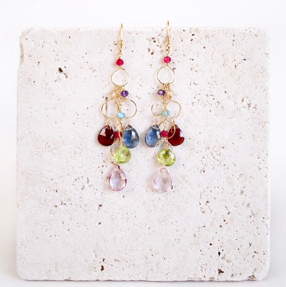 Rainbow Chandelier Earrings Multi Gemstone Rainbow Earrings | Etsy