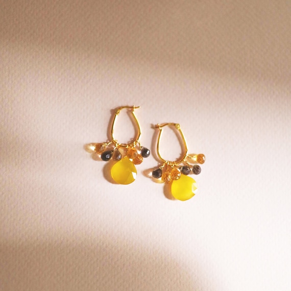 Mom Gift Multi Gemstone Earrings Yellow Chalcedony Smoky