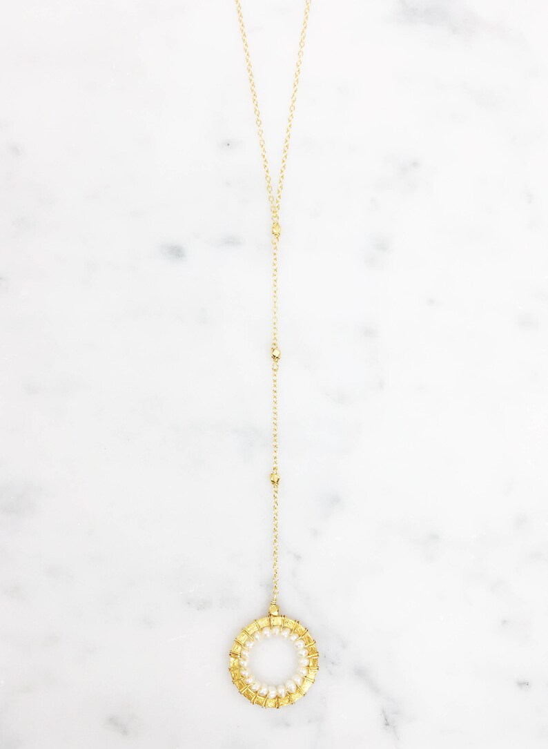 Gold Pearl Pendant Necklace Pearl Y Necklace Gold Y Etsy