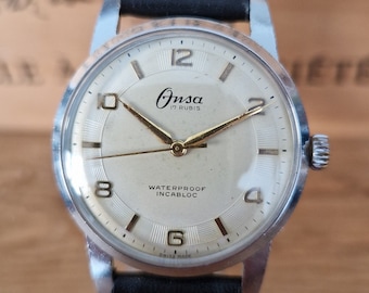 Onsa - Reloj de pulsera suizo de cuerda manual para hombre con 17 joyas, en muy buen estado vintage