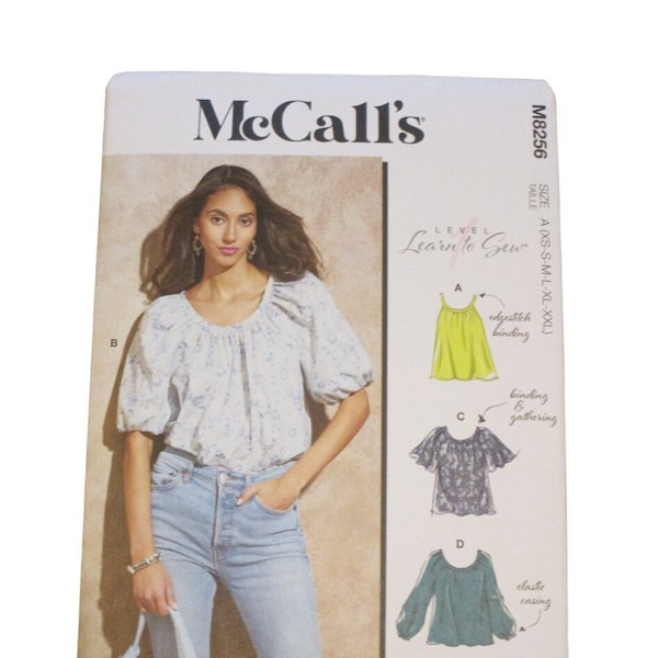 McCall's Sewing Pattern M8256 Uncut pattern for Misses' Tops, 4 different styles, Summer blouse, peasant casual short sleeve loose