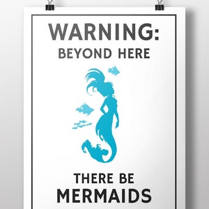 Mermaid Warning Sign~There Be Mermaids Poster~Beyond Here Canvas~Renaissance Faire Art~Geeky Wall Art~Gift for Mermaid Lover Canvas