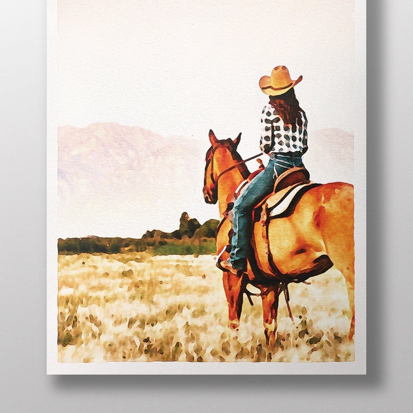 Cowgirl on Horse Watercolor Painting~Colorful Farmhouse Art Prints~Western Wall Decor~Industrial Cowboy Art Canvas~Minimal Rustic Wall Decor