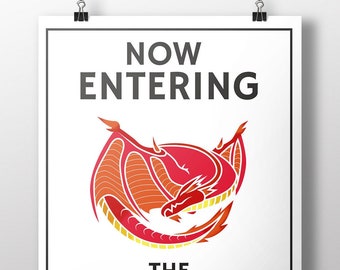 Dragon Lair Warning Sign~Now Entering the Dragon's Lair Colored Poster~Renaissance Faire Art Canvas~Geeky Fantasy Dragon Wall Art Gift