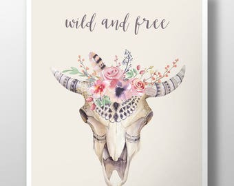 Wild and Free Cow Skull Wall Art~Bohemian Wall Art~Boho Home Decor~Flowers Feathers and Skulls Print~Girls Dorm Room Decor~Pretty Canvases