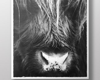 Black and White Highland Cow Face Art Print~Ink Longhair Coo Giclee Print~Longhair Cattle Art~Gift for Rancher~Scottish Animal Art