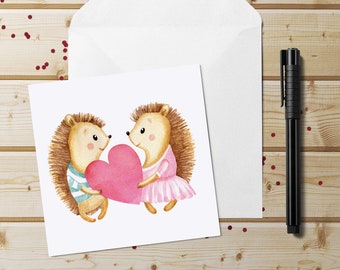 Watercolor Hedgehog Love Card~Hedgehog Couple Anniversary Card~Animal Valentines Cards~Cute Wedding Card~Sweet Love Cards for Kids
