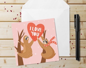 Sloth I Love You Card~Illustrated Sloth Couple Anniversary Card~Love Card for Sloth Lover~Square Animal Love Cards~Sloth Wedding Card