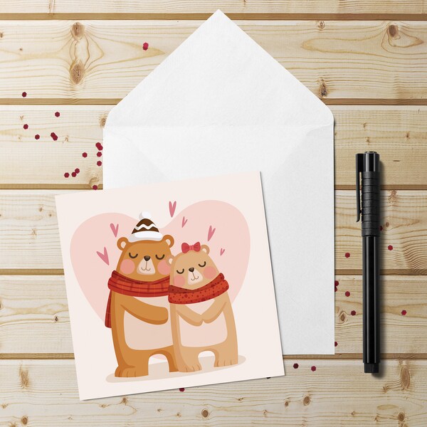 Bears Love Card~Illustrated Bear Couple Anniversary Card~Card for Bear Lover~Square Animal Love Cards~Winter Bear Valentine Card