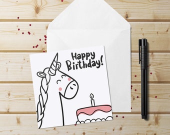 Doodled Unicorn Birthday Card~Happy Birthday Unicorn Square Greeting Card~Cards for Kids~Gift for Unicorn Lover