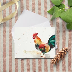 Vintage Watercolor Rooster Farmhouse Notecard~Rustic Watercolor Animal Greeting Cards~Chicken Blank Cards~Rooster Gifts