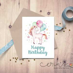 Happy Birthday Unicorn Note Card Set~100% Recycled Note Cards~Watercolor Unicorn with Balloons~Children&#39;s Cards~Kids Stationery