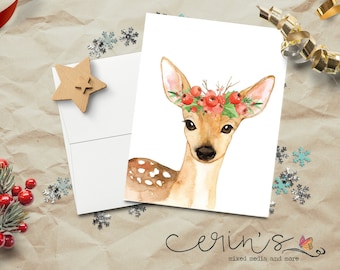 Watercolor Christmas Deer Christmas Card~Woodland Christmas Card~Baby Animal Cards