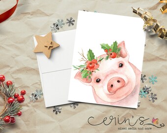 Watercolor Christmas Pig Christmas Card~Farmhouse Christmas Card