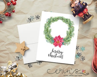 Watercolor Christmas Wreath Christmas Card with Poinsettia