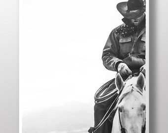 Black and White Cowboy Watercolor~Farmhouse Art Prints~Western Wall Decor~Industrial Cowboy Art Canvas~Minimal Animal Print