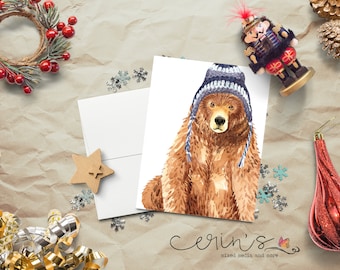 Watercolor Winter Bear Card~Woodland Animals Holiday Cards~Painted Christmas Card