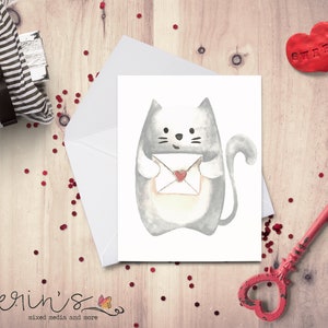 Watercolor Kitten Love Card~Woodland Animal Valentine~Hand Painted Animal Cards~Grey Cat Anniversary Card~Cute Cat Mama Gifts
