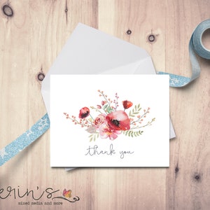 Poppy and Flowers Thank You Cards~Watercolor Botanical Note Cards~Recycled Floral Note Cards~Blank Note Cards~Thank You Cards~Pretty Cards