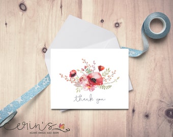 Poppy and Flowers Thank You Cards~Watercolor Botanical Note Cards~Recycled Floral Note Cards~Blank Note Cards~Thank You Cards~Pretty Cards