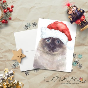 Santa Siamese Christmas Card~Warm and Cozy Holiday Cat Cards~Feline Stationery~Gift for Cat Lady~Pretty Kitty Cards