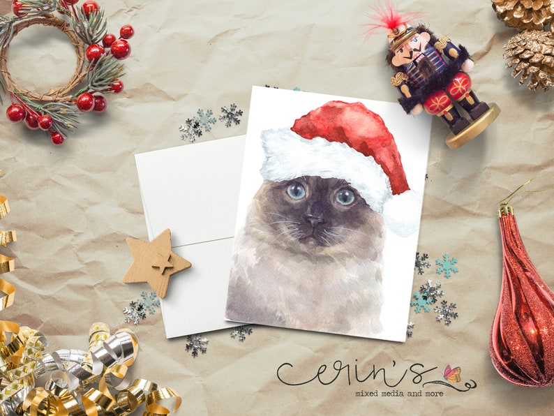 Santa Siamese Christmas Card~Warm and Cozy Holiday Cat Cards~Feline Stationery~Gift for Cat Lady~Pretty Kitty Cards