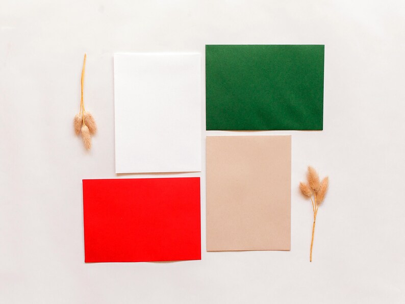 May include: Four blank cards in different colors: red, white, beige, and green. The cards are arranged in a grid pattern on a white background. Two sprigs of dried pampas grass are placed on either side of the cards.