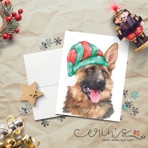 Watercolor German Shepherd Christmas Card~Warm and Cozy Holiday Dog Cards~Big Canine Stationery