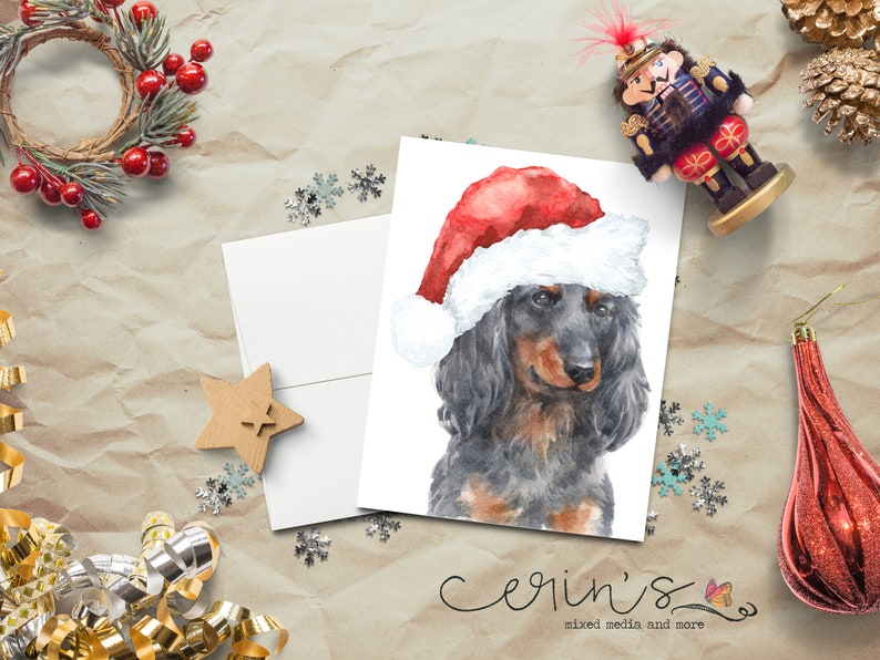 Black Long Haired Dachshund Christmas CardSanta Dog GreetingsWarm and Cozy Holiday Dog CardsCanine Stationery image 1