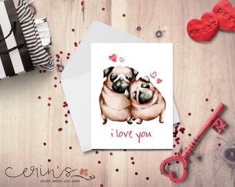 Pugs Love Card~Two Pugs in Love Greeting Card~Valentines Day Card for Kids~Watercolor Animal Anniversary Cards~Card for Pug Mama