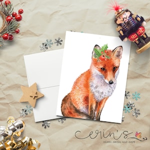 Watercolor Fox Christmas Card~Woodland Animal Cards~Furry Holidays