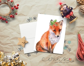 Watercolor Fox Christmas Card~Woodland Animal Cards~Furry Holidays