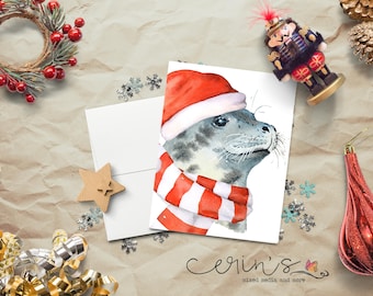 Santa Seal Card~Christmas Seal~Ocean Creature Holiday Stationery~Seal Gifts
