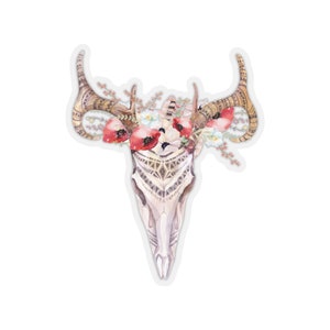 Poppy Boho Deer Floral Skull Sticker~Watercolor Kiss-Cut Laptop Decal~Clear Back Sticker~Animal Skull Decals