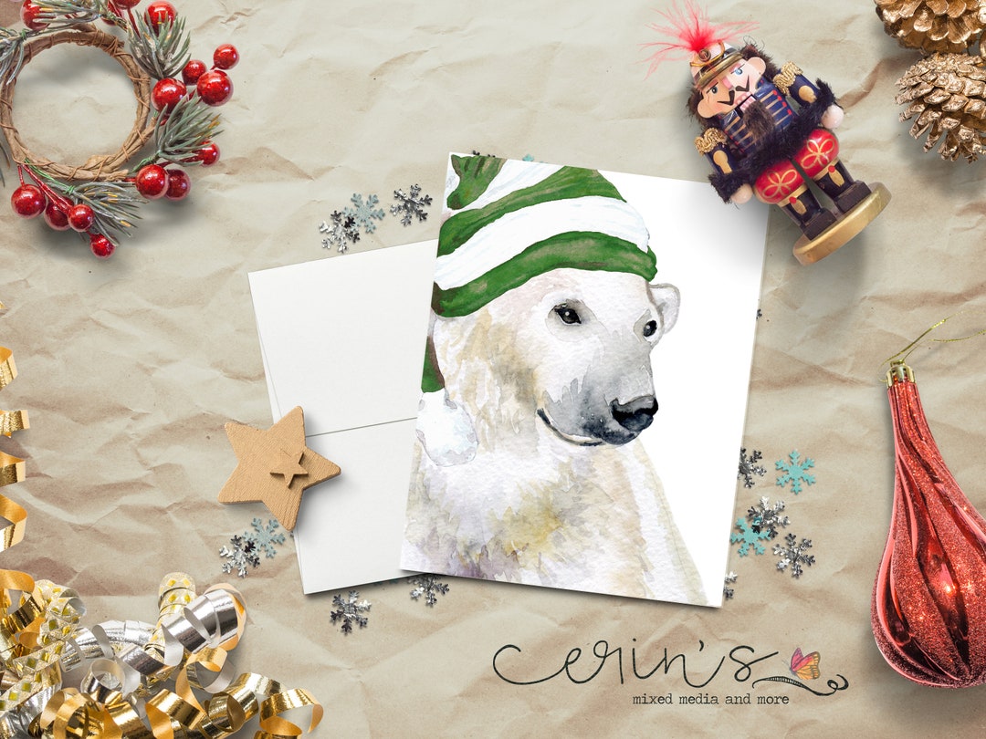Winter Polar Bear Christmas Card~watercolor Polar Bear Christmas Card ...