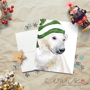 Winter Polar Bear Christmas Card~Watercolor Polar Bear Christmas Card~Arctic Animal Christmas Cards