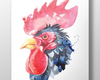 May include: Watercolor painting of a rooster's head with a pink comb and wattle, blue and black feathers, and a yellow beak.
