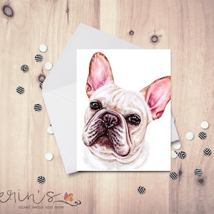 May include: A watercolor painting of a French Bulldog with white fur and pink ears. The dog is looking directly at the viewer with a serious expression.