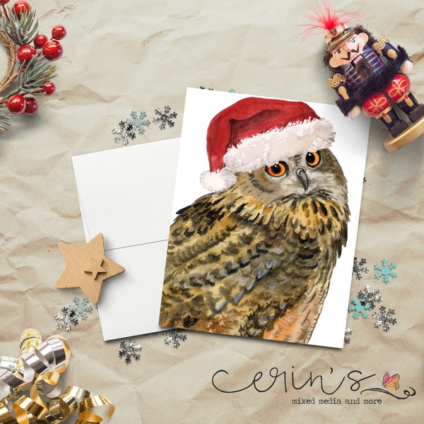 Santa Screech Owl Card~Christmas Owl Cards~Farm Animal Holiday Stationery~Bird Christmas Cards