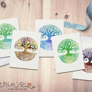 Watercolor Celtic Knot Tree of Life Blank Note Cards~Colorful Tree of Life Stationery~Multicolored Tree Greeting Cards~10 card set