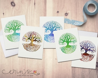 Watercolor Celtic Knot Tree of Life Blank Note Cards~Colorful Tree of Life Stationery~Multicolored Tree Greeting Cards~10 card set