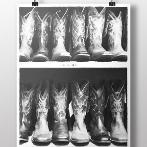 Boot Shelf Watercolor Painting~Farmhouse Couples Art Prints~Western Wall Decor~Industrial Cowboy Art Canvas~Minimal Black and White Print