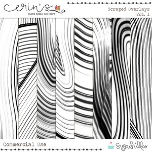 May include: Set of six black and white digital paper overlays with abstract patterns. The patterns are reminiscent of marble or agate. The title "Scraped Overlays Vol. 1" is at the top of the image. The text "Commercial Use" is at the bottom of the image.