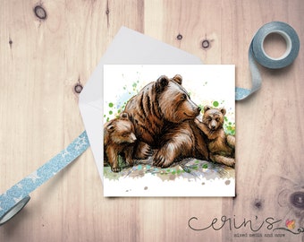 Illustrated Mama Bear Card~Mama and Baby Bears Cuddling~Illustrated Animal Cards~Happy Mother's Day~Rustic Bear Gifts