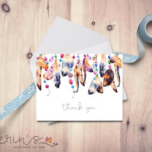 Boho Feather Thank You Cards~Watercolor Feather Bohemian Bunting Note Card Set~Recycled Note Cards~Beaded Fringe Thank You Cards