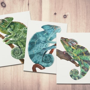 Chameleon Mix Note Card Set~Blank Lizard 3 Card Set~Recycled Cards~Watercolor Chameleon Cards~Chameleon Gifts